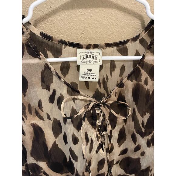 ARIAT Women’s  Sheer Brown Animal Print Blouse Elastic Cuff Waist Tunic Small - Picture 2 of 9